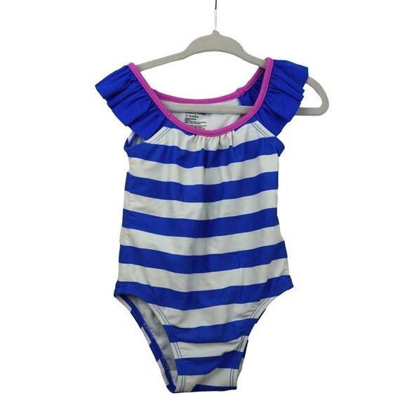 BabyGap Girls Ruffle Strap‎ Blue & White Striped Swimsuit 12-18 Months - Picture 1 of 6